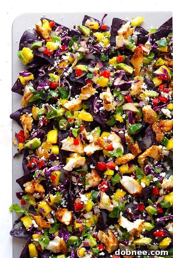 Kaleidoscope Fish Taco Nachos 8 Finished Rainbow Fish Taco Nachos with tilapia, mango slaw, and cilantro, ready to serve.