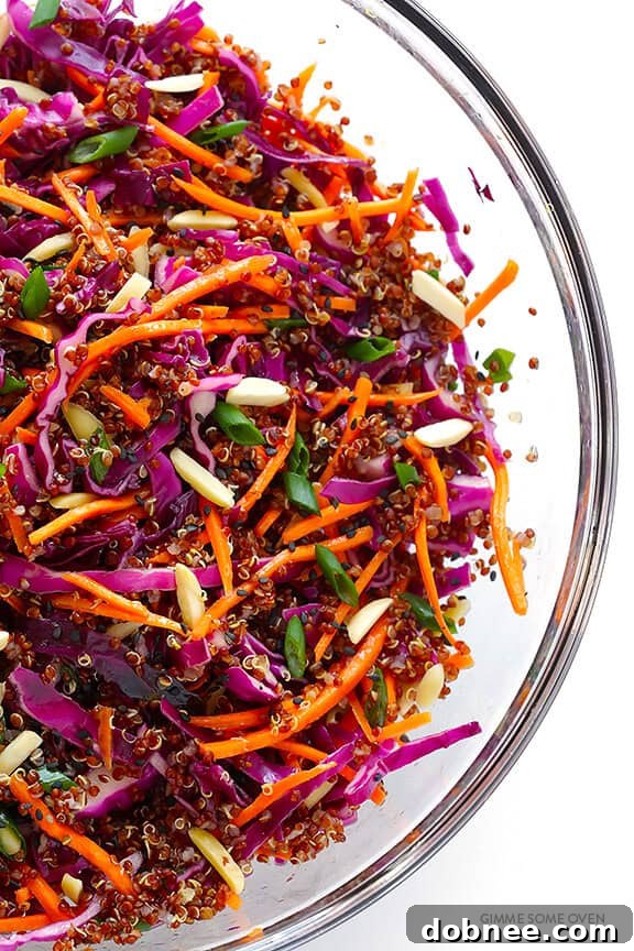 Close-up of the Easy Asian Quinoa Salad showcasing its colorful ingredients and fresh texture.