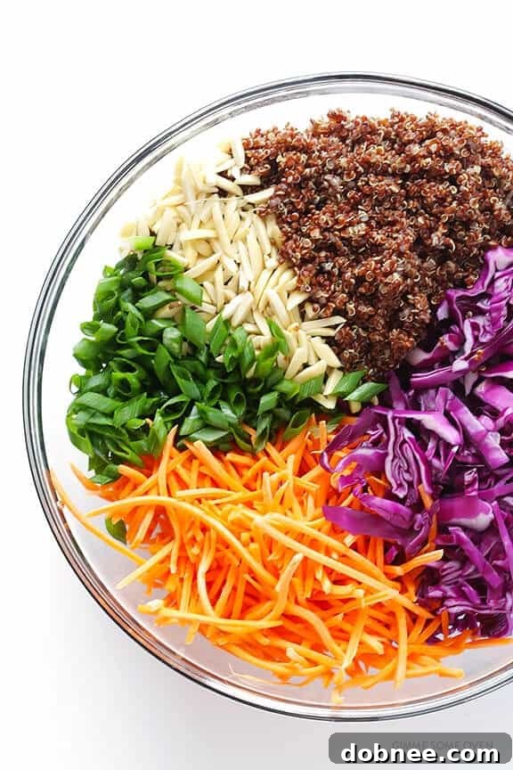 Detailed view of the Easy Asian Quinoa Salad ingredients, highlighting the fresh vegetables and quinoa.