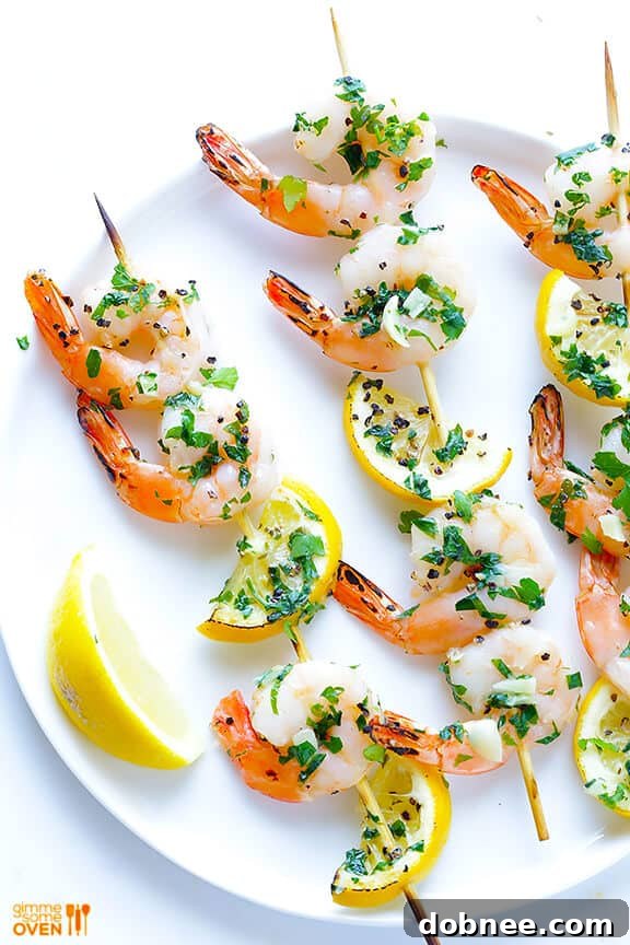 Shrimp Scampi Skewers, garlic butter grilled shrimp.