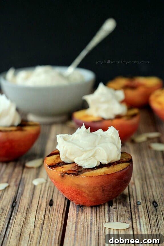 Grilled Peaches with Maple Honey Mascarpone Cheese, a sophisticated dessert.