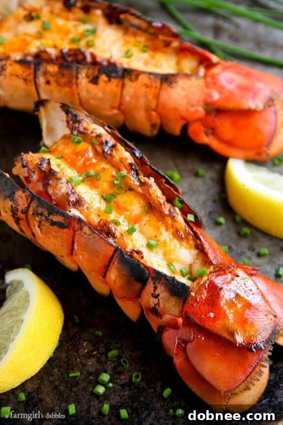 Grilled Lobster Tails with Sriracha Butter, a spicy gourmet dish.