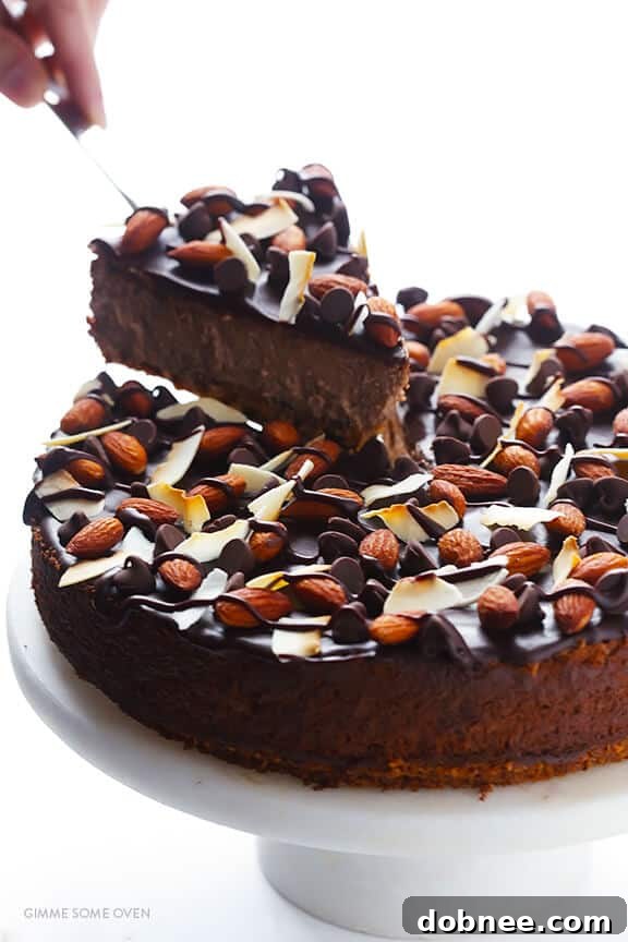A wider shot of the Almond Joy Cheesecake, emphasizing its rich texture and topping.