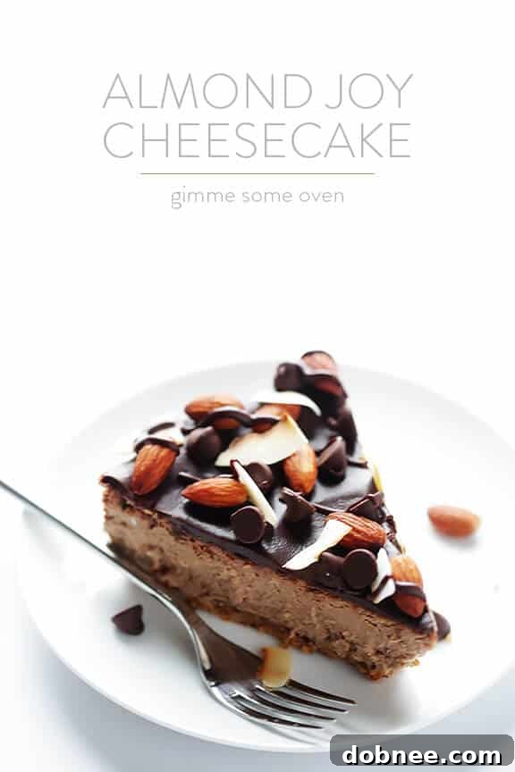A final close-up image of the delicious Almond Joy Cheesecake, ready to be served.