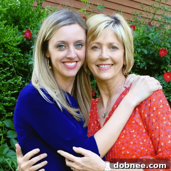 A lovely photo of the author's mother smiling with the cheesecake.