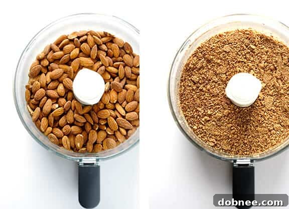 Ingredients for the almond crust: finely ground Blue Diamond almonds and melted butter.