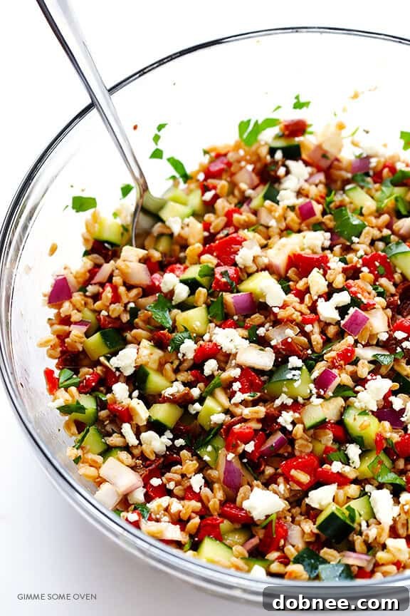 Vibrant Mediterranean Farro Salad with fresh vegetables and a light dressing