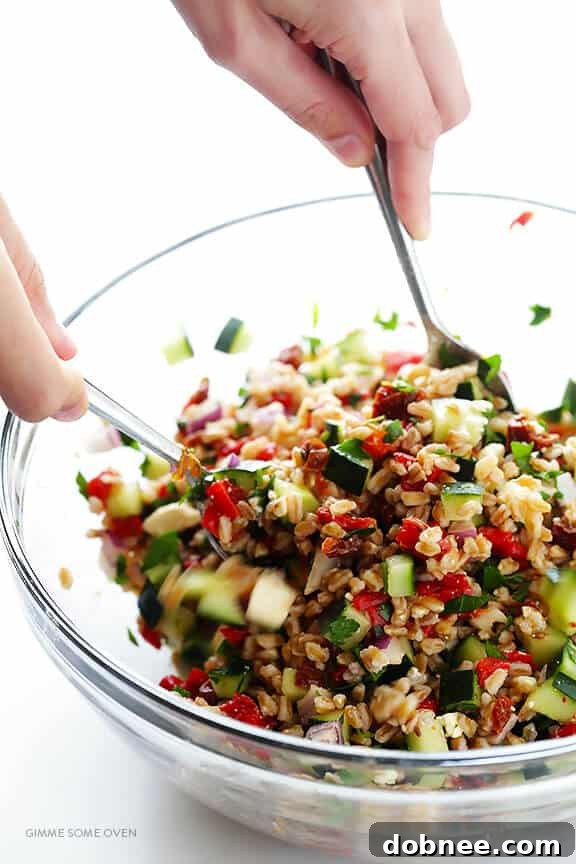 Ingredients for Mediterranean Farro Salad beautifully arranged before mixing