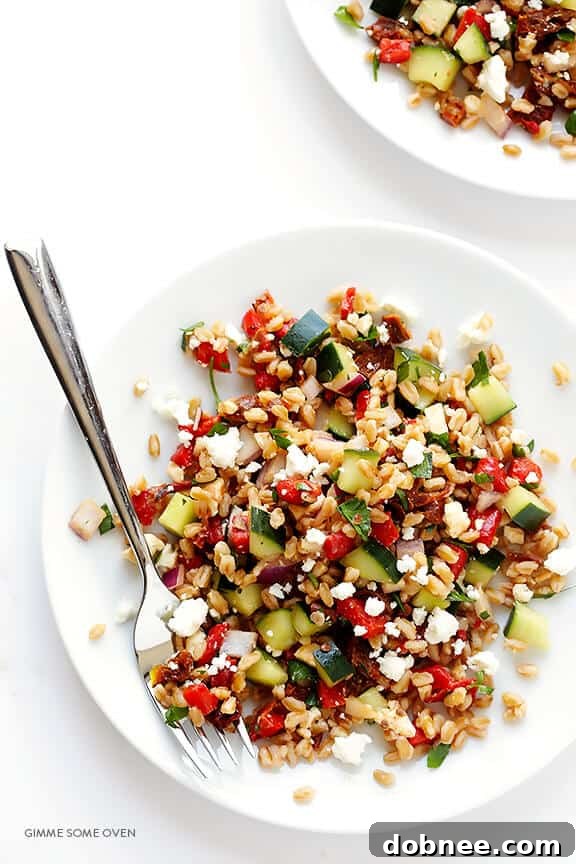 Individual serving of Mediterranean Farro Salad, ready to enjoy
