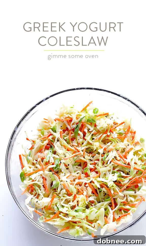 Greek Yogurt Coleslaw -- the classic coleslaw we all love, lightened up with Greek yogurt instead of mayo and ready to go in 5 minutes! | dobnee.com
