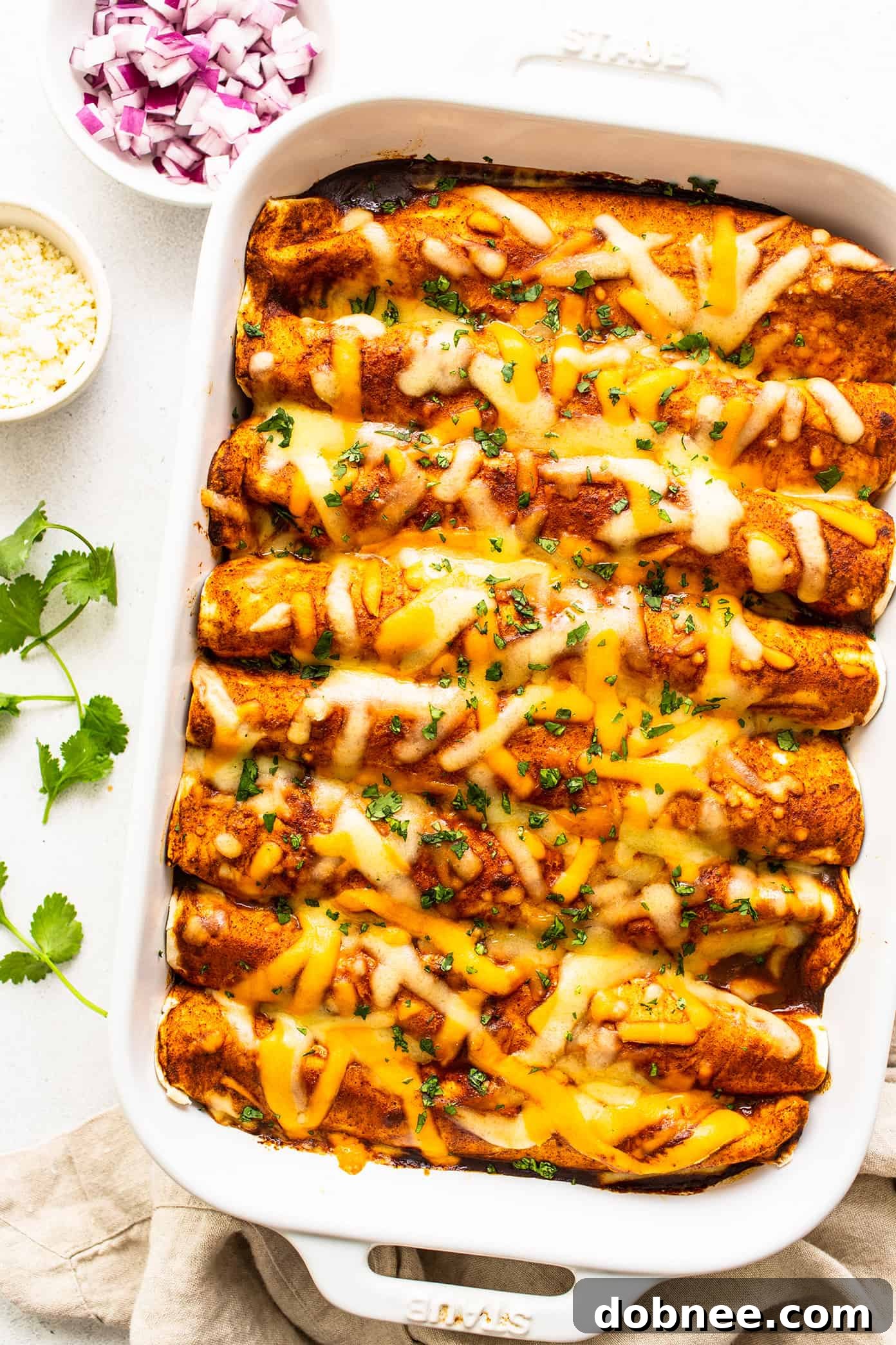 Beef Enchiladas baked to perfection with a rich, melted cheese topping, garnished with fresh cilantro and avocado slices.