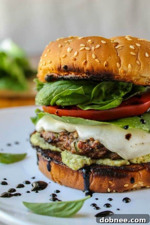 Caprese Burger with Artichoke Pesto Sauce from The Food Charlatan