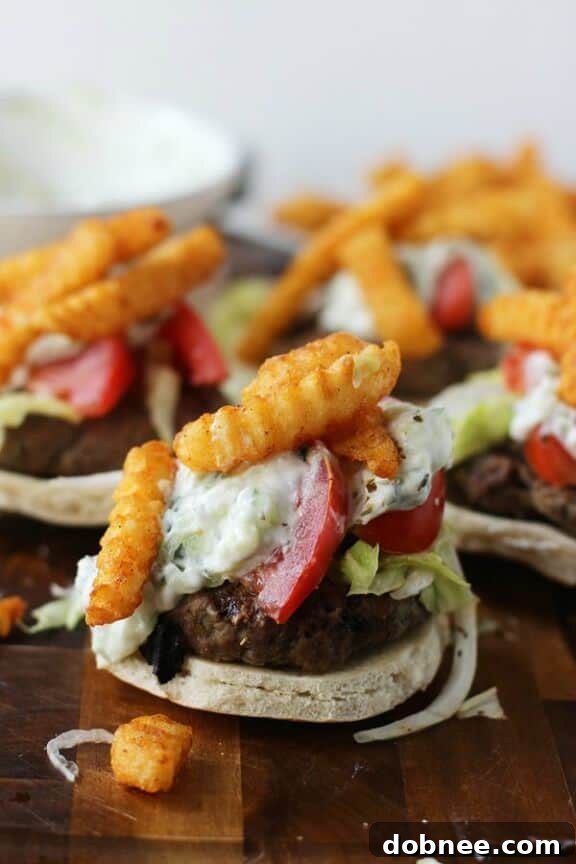 Gyro Burgers with Homemade Tzatziki and Seasoned French Fries from Cooking for Keeps