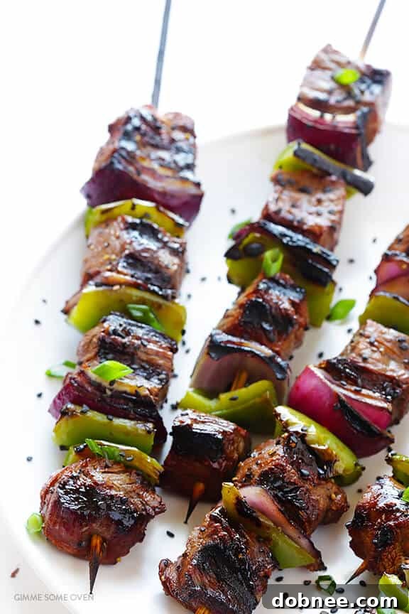 A serving of Asian Pepper Steak Kabobs, beautifully presented and ready to enjoy.