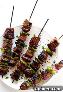 Asian Pepper Steak Kabobs, beautifully presented on a platter.
