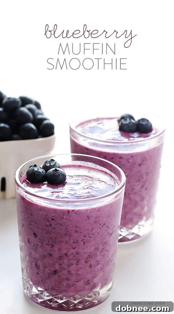 Close-up of the Blueberry Muffin Smoothie in a glass.