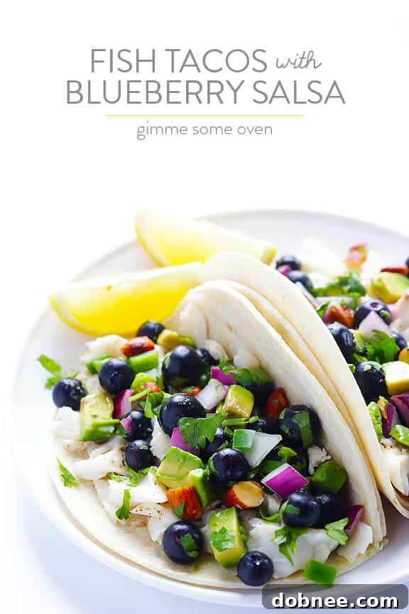 Fish Tacos with Blueberry-Almond Salsa -- perfectly sweet and savory, naturally gluten-free, and SO GOOD! | gimmesomeoven.com