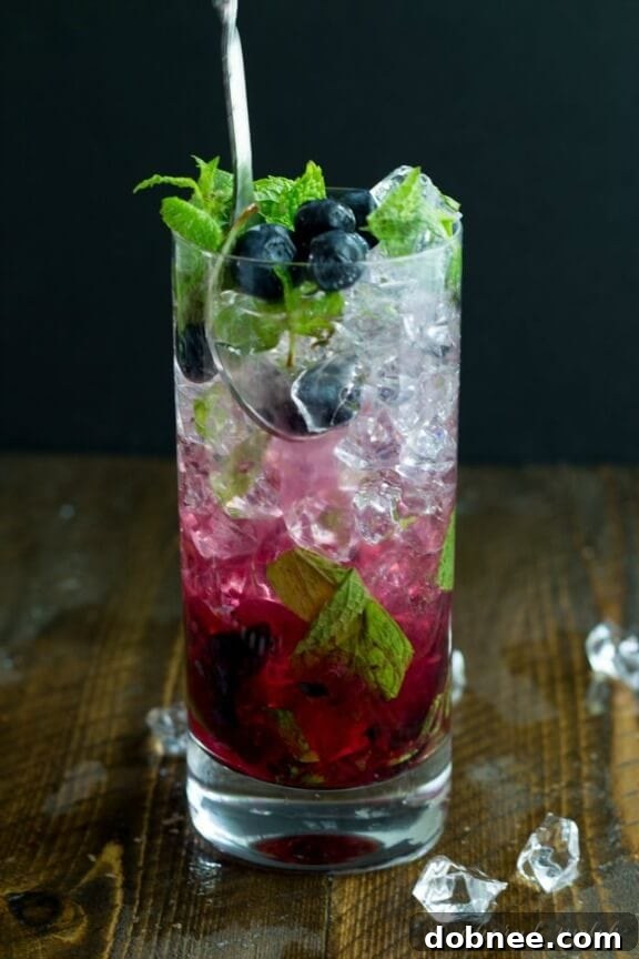 Refreshing Blueberry Mojitos cocktail with mint