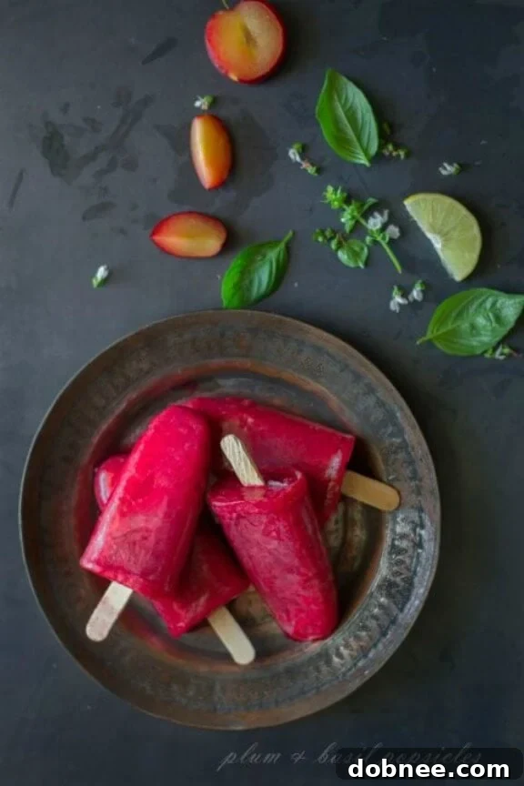 15 Stunning Summer Popsicle Treats 9 Exotic Plum & Basil Popsicles from The White Ramekins, a unique flavor combination.