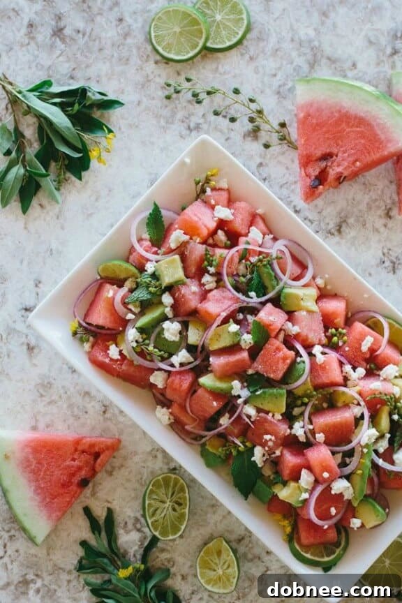 15 Refreshing Watermelon Creations 8 Watermelon, Avocado and Mint Salad with Feta Cheese | foolproofliving.com