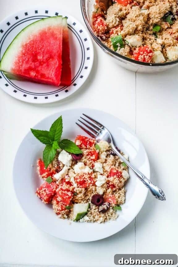 15 Refreshing Watermelon Creations 5 Greek Couscous Salad with Watermelon and Feta | katieatthekitchendoor.com