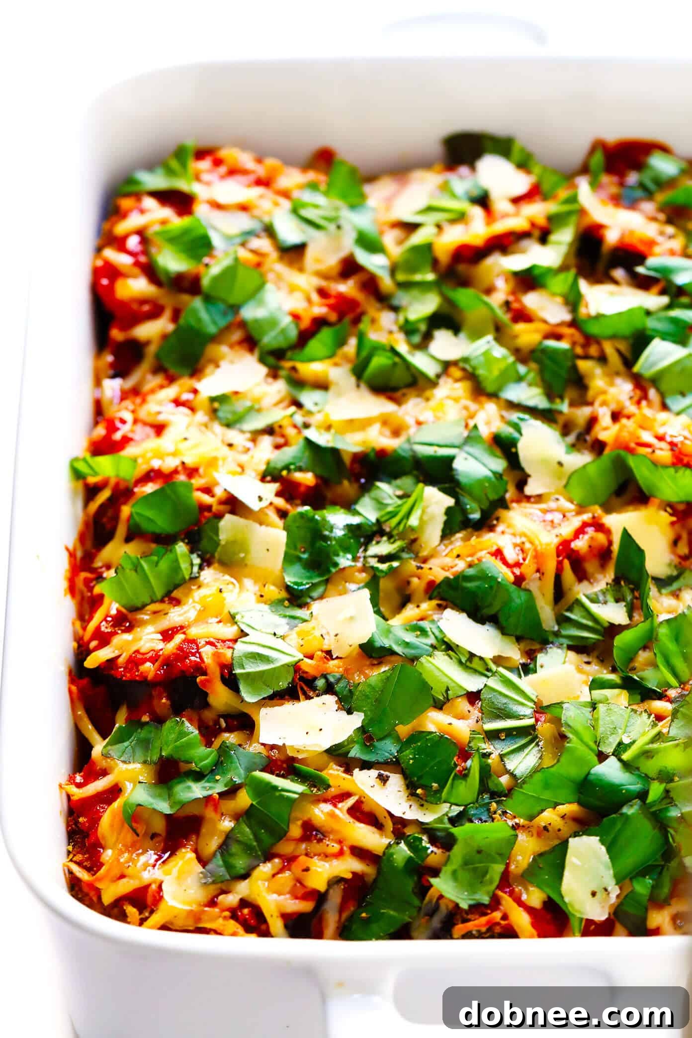 The best Baked Eggplant Parmesan recipe, showing a perfectly cooked, golden-brown casserole