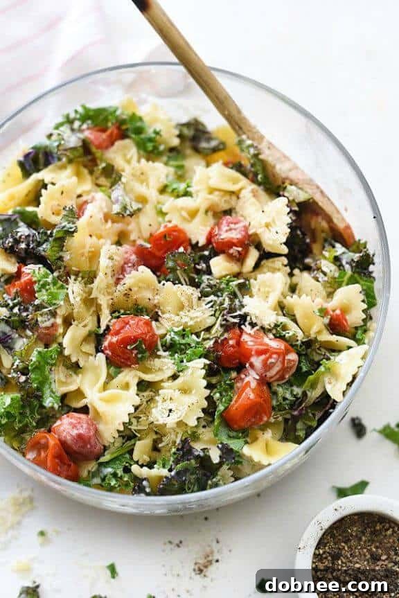 Kale Caesar Pasta Salad recipe from Foodiecrush, a healthy twist on a classic