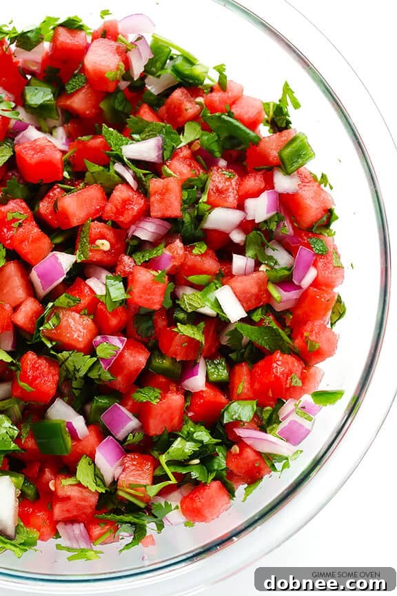 A bowl of delicious watermelon salsa ready to be served.
