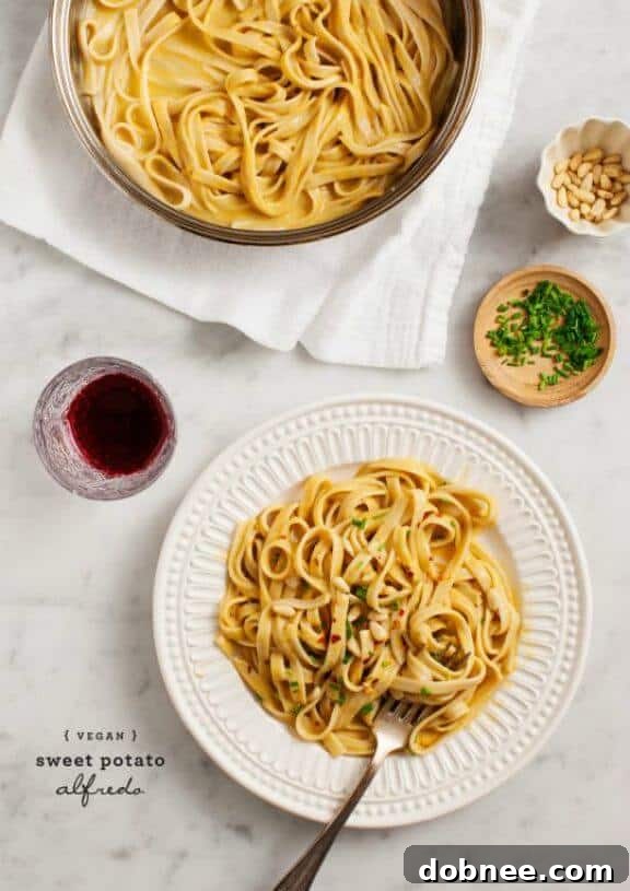 Creamy Sweet Potato (Vegan) Alfredo, a dairy-free and indulgent pasta sauce that's both healthy and delicious.