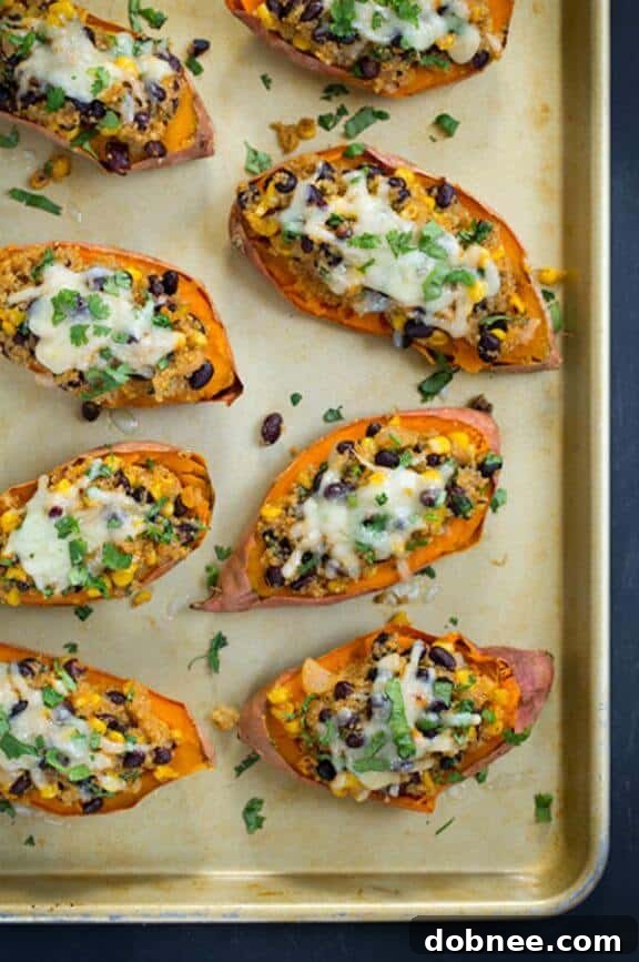 Honey-Lime Quinoa Stuffed Sweet Potatoes, a sweet and savory vegetarian dish perfect for a healthy and filling meal.