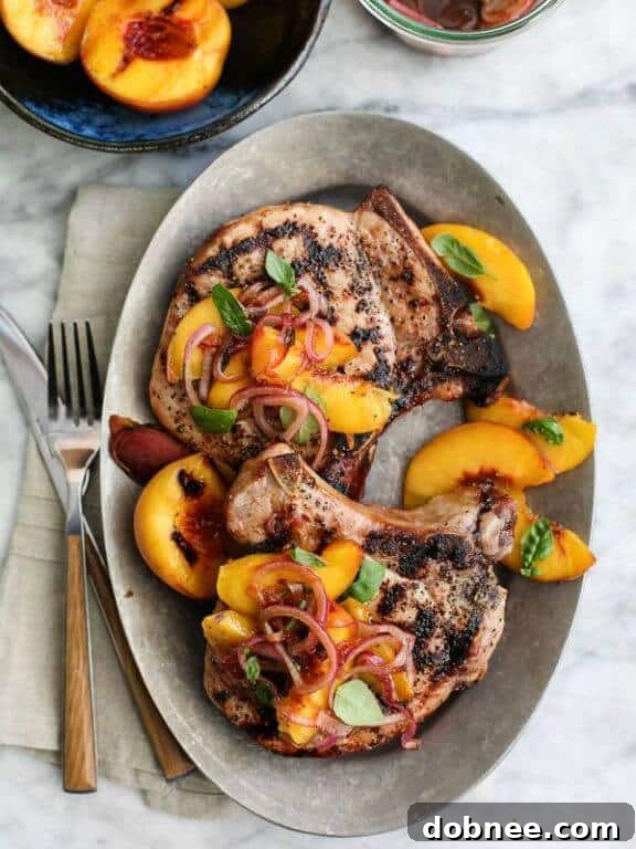 Grilled Pork Chops with Spicy Balsamic Grilled Peaches | foodiecrush.com