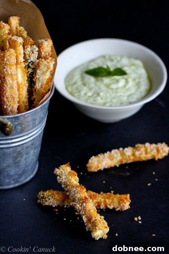 Crispy Baked Zucchini Fries with Pesto Yogurt Dipping Sauce