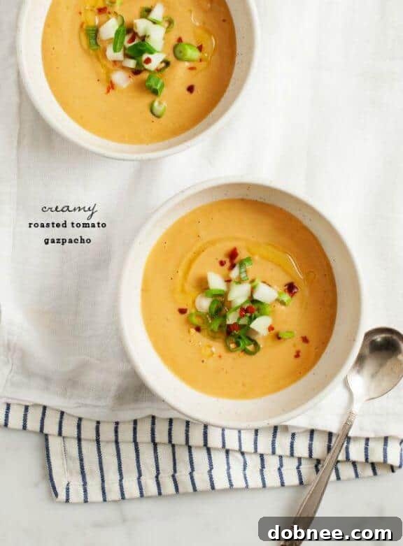 Creamy Roasted Tomato Gazpacho - a rich and smooth cold soup.