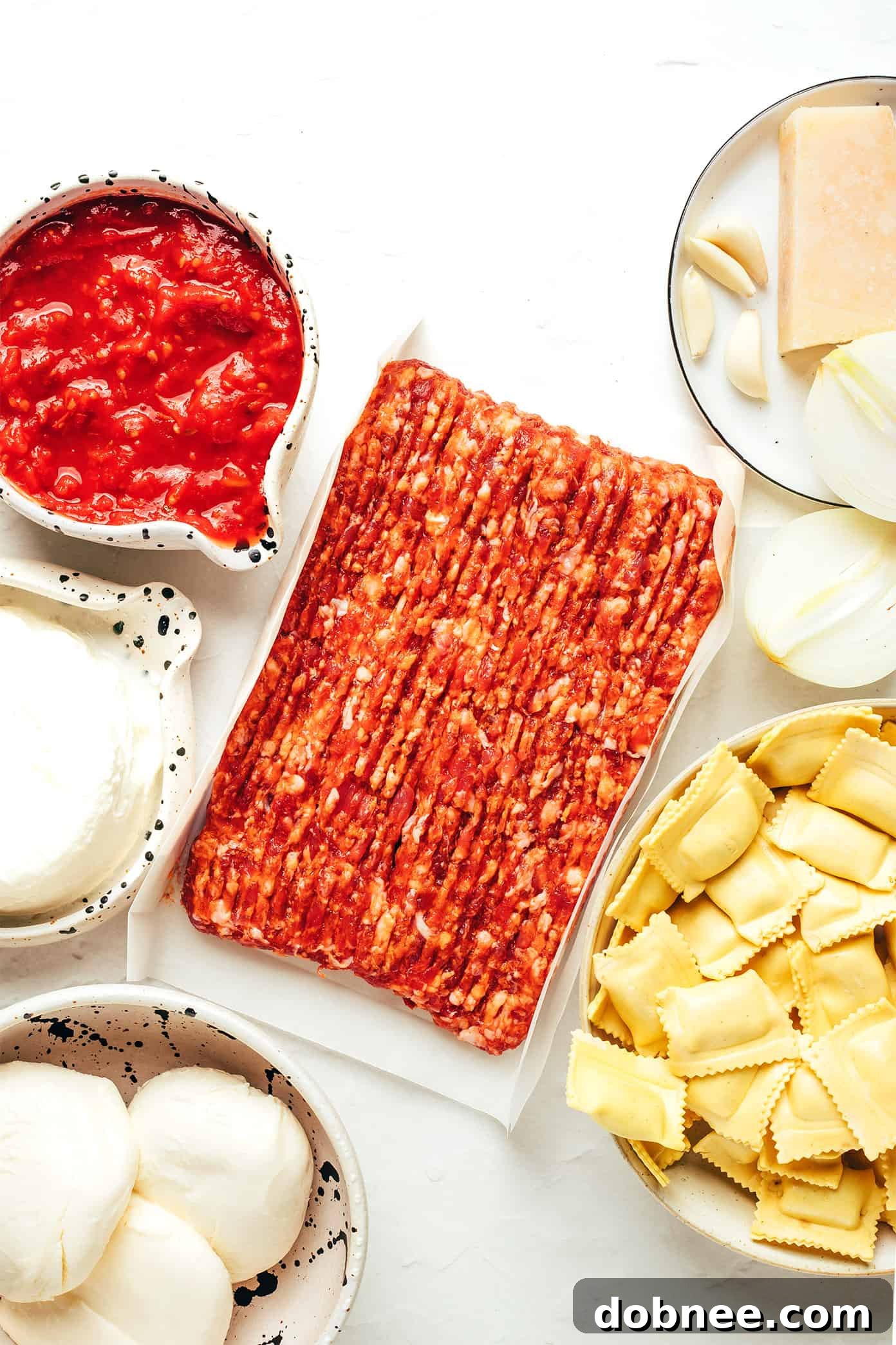 Ravioli Lasagna ingredients laid out on a table