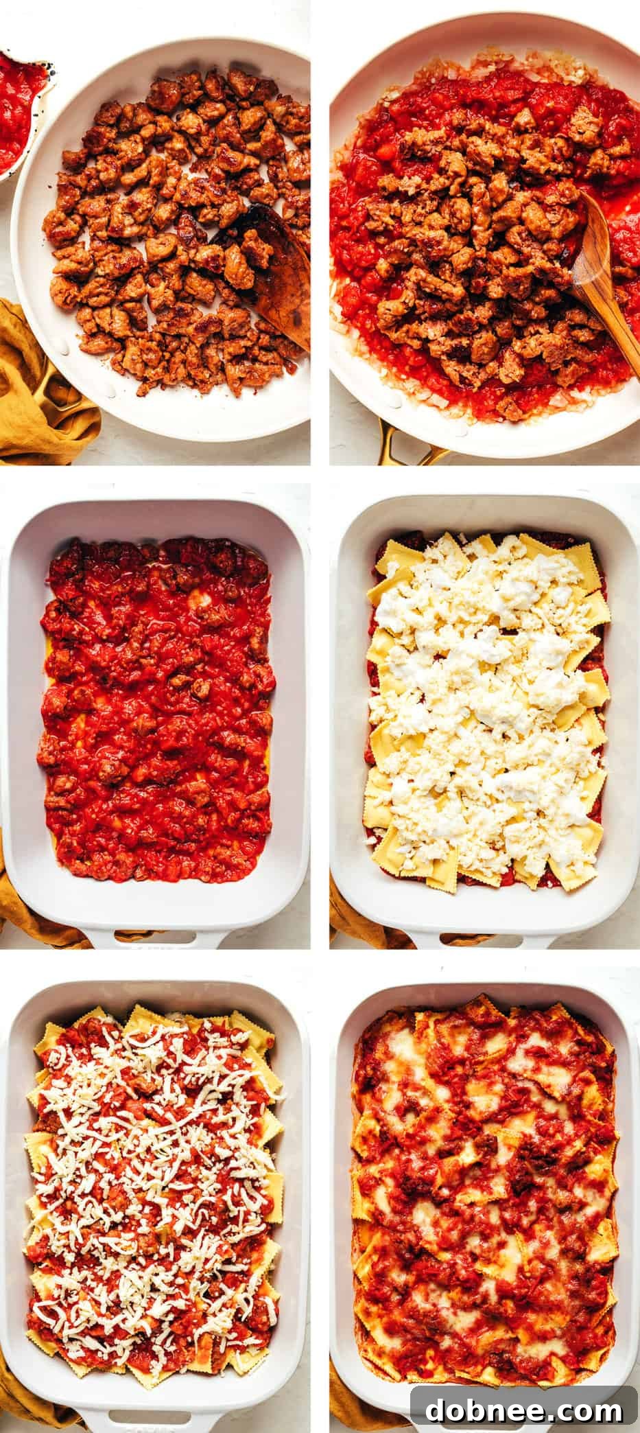 Step-by-step photos showing the process of making ravioli lasagna