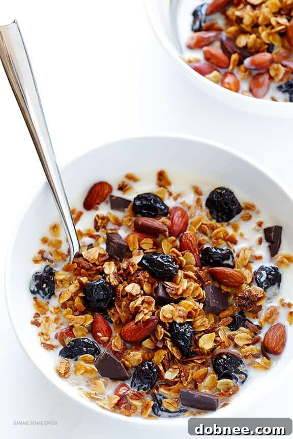 Dark Chocolate Cherry Granola served with milk in a rustic bowl.