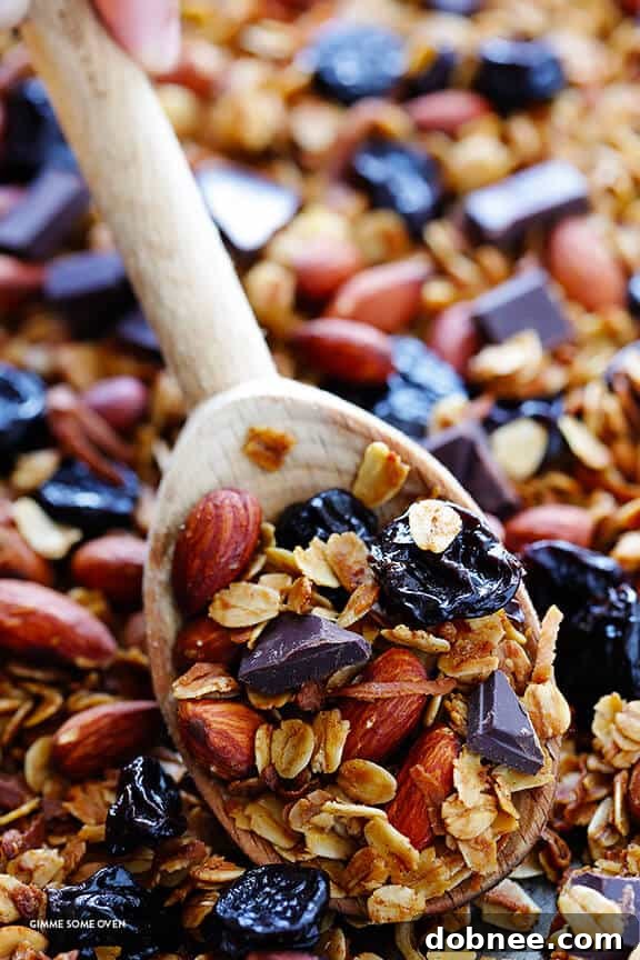 The finished Dark Chocolate Cherry Granola, studded with dried cherries and dark chocolate.