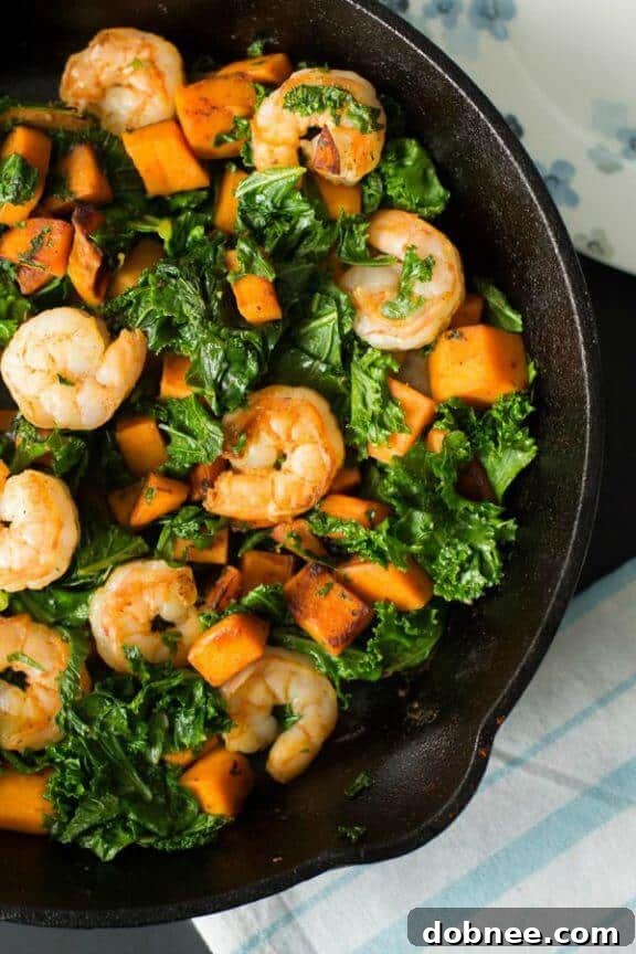 Sweet Potato, Kale and Shrimp Skillet | primaverakitchen.com