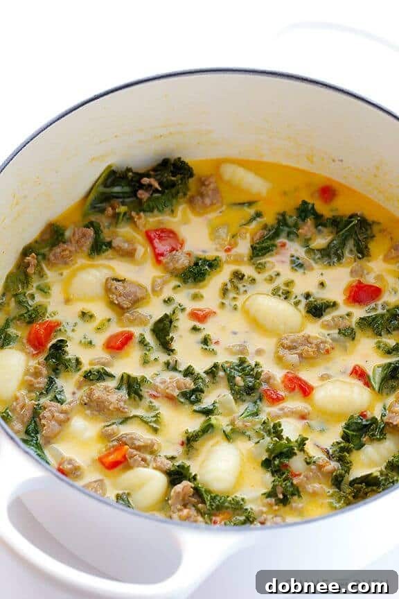 7-Ingredient Easy Zuppa Toscana (Creamy Gnocchi Soup with Kale and Sausage) | gimmesomeoven.com