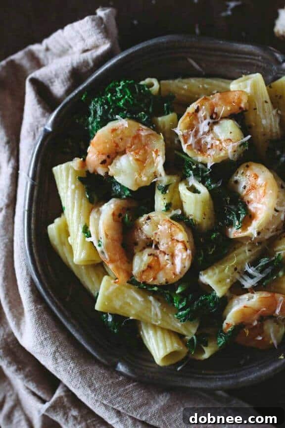 Roasted Shrimp and Kale Rigatoni with Lemon Ricotta Sauce | foolproofliving.com