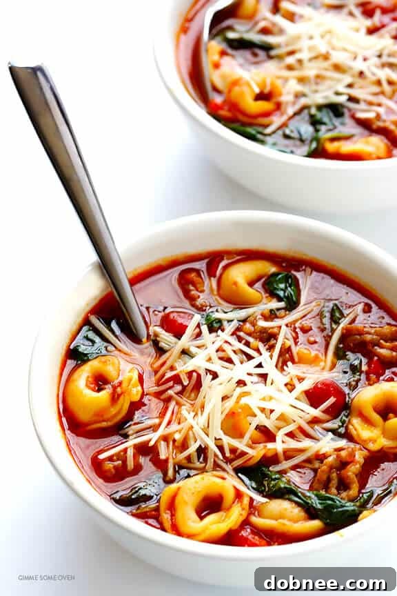 Delicious Tortellini Soup with Italian Sausage, Spinach, and Fire-Roasted Tomatoes - A quick, comforting, and incredibly flavorful meal perfect for any night.