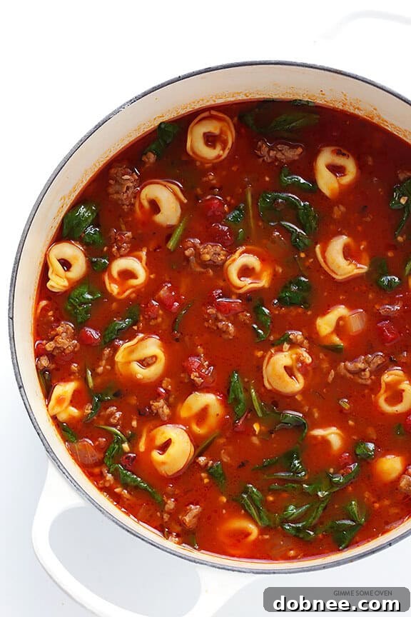 Hearty and flavorful Tortellini Soup, featuring savory Italian sausage, tender spinach, and bright tomatoes. Perfect for a quick weeknight dinner or a cozy weekend meal.