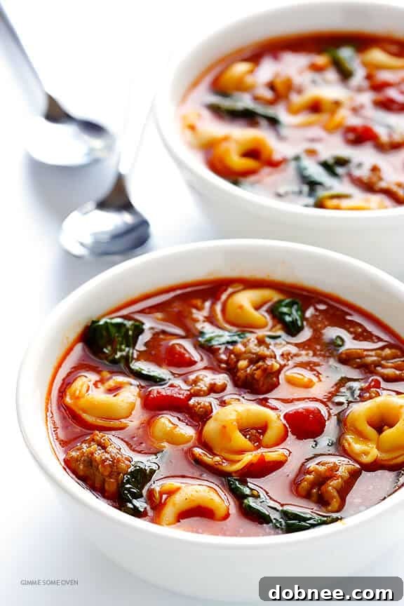 A close-up of a steaming bowl of Tortellini Soup with Italian Sausage, Spinach, and Tomatoes, garnished with fresh Parmesan. A hearty and wholesome meal.