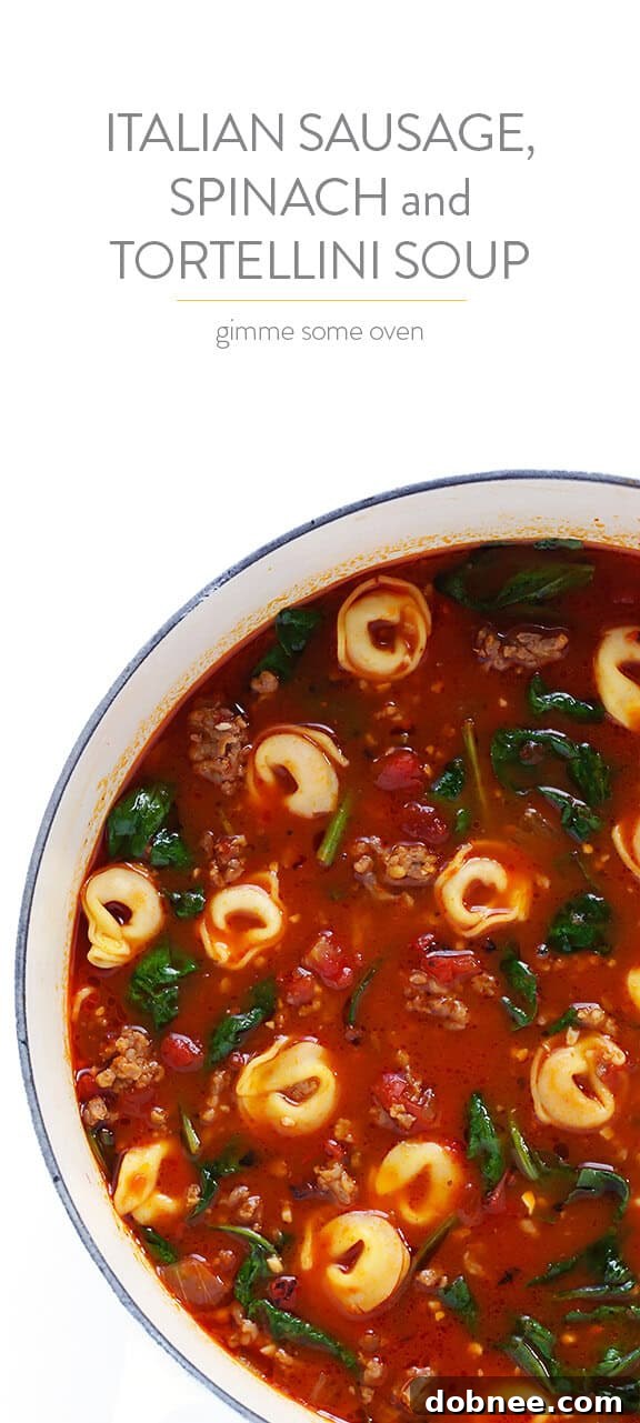 A large pot of simmering Tortellini Soup, rich with Italian sausage, spinach, and tomatoes, ready to be served.