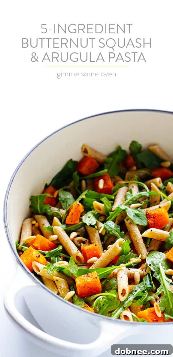 Close-up of 5-Ingredient Butternut Squash, Arugula and Goat Cheese Pasta, a comforting fall recipe | gimmesomeoven.com