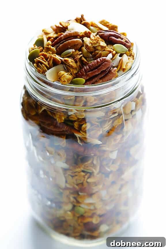 Closeup of homemade Pumpkin Spice Granola with crunchy nuts and seeds