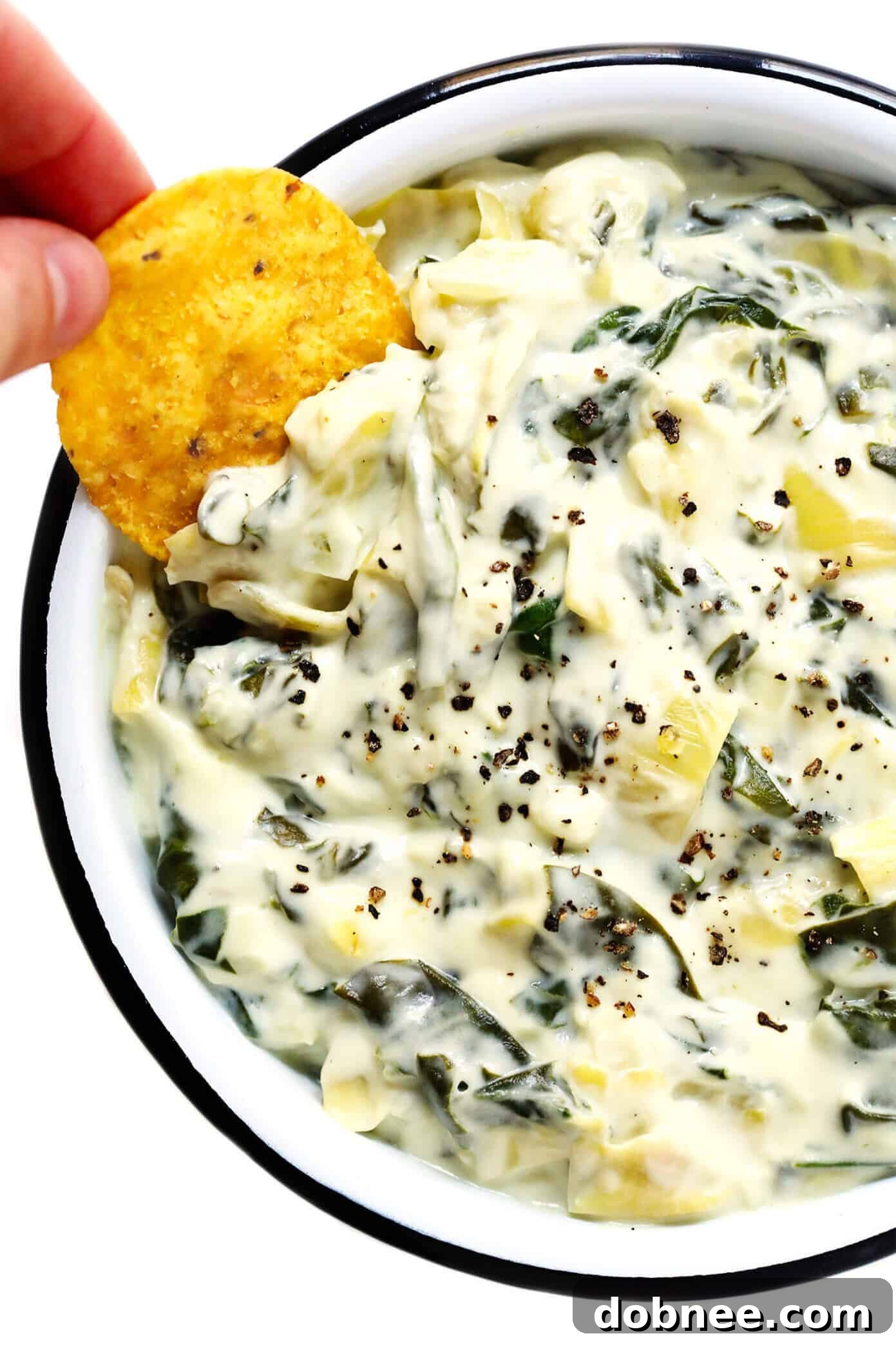 Spinach and Artichoke Dip Recipe - A generous scoop of dip with fresh herbs for garnish.