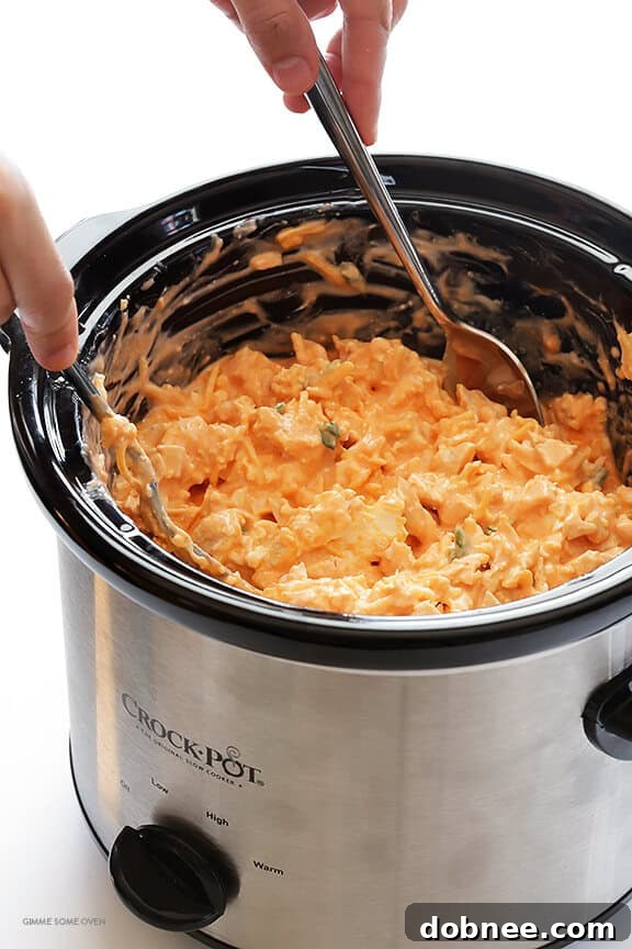 Slow Cooker Buffalo Chicken Dip – the irresistible appetizer we all love, made extra easy in the crock pot! | gimmesomeoven.com
