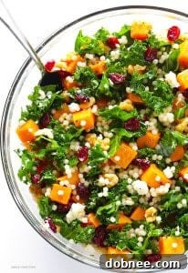 A bowl of Roasted Butternut Squash, Kale and Cranberry Couscous.
