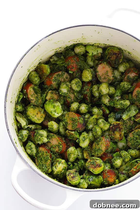 Gnocchi with Brussels Sprouts, Chicken Sausage and Kale Pesto -- quick and easy to make and SO flavorful! | dobnee.com